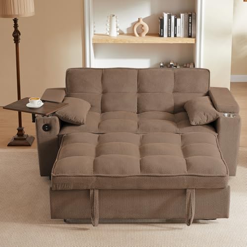65'' 3-in-1 Folding Convertible Sofa Bed, Queen Size Pullout Sofa, Modern Chenille Fabric, 360° Swivel Side Table, Easy Assembly, Perfect for Living Room - color: Brown-a