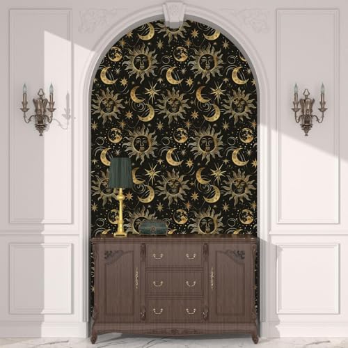 Celestial Sun Moon Wallpaper Peel and Stick 17.5"x 118",Black/Golden | Self Adhesive/Removable/Waterproof/Thick Vinyl Contact Paper for Bathroom Bedroom Shelf Cabinet Drawer,Prepasted,Easy Peel - color: Gold moon, size: 17.5" x 118"