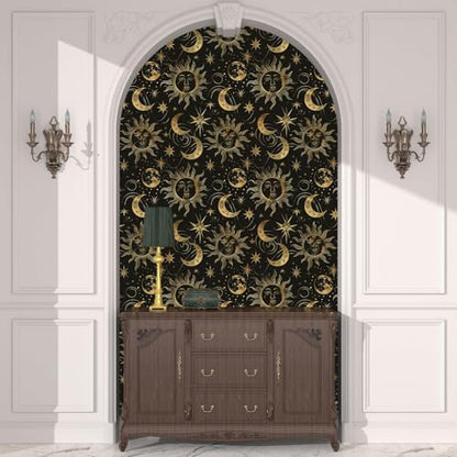 Celestial Sun Moon Wallpaper Peel and Stick 17.5"x 118",Black/Golden | Self Adhesive/Removable/Waterproof/Thick Vinyl Contact Paper for Bathroom Bedroom Shelf Cabinet Drawer,Prepasted,Easy Peel - color: Gold moon, size: 17.5" x 118"