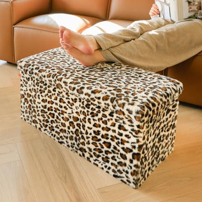 Luxe Faux Fur Storage Ottoman, Leopard, 30 x 15 x 15 in | Engineered Wood, Tool-Free Assembly, Modern Style, Seat And Footrest - color: Leopard, size: 30"D x 15"W x 15"H