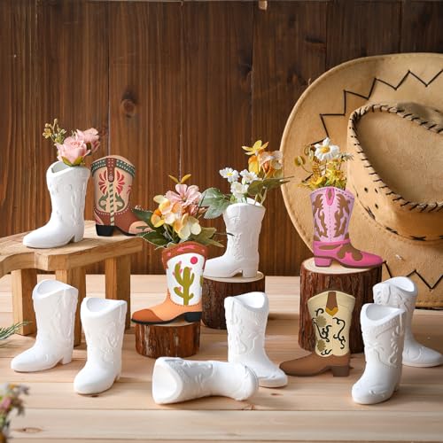 Affrolling 12 Set Cowboy Plaster Boot Vases Ceramics to Paint Ready to Paint DIY Unpainted Plaster Paintable Kit Contains Four Different Styles of Vases with Brush Palette for Adults - style: Plaster Boots
