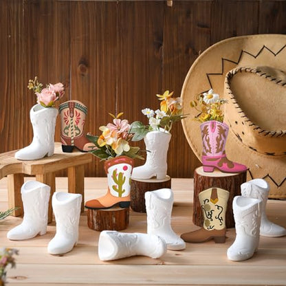 Affrolling 12 Set Cowboy Plaster Boot Vases Ceramics to Paint Ready to Paint DIY Unpainted Plaster Paintable Kit Contains Four Different Styles of Vases with Brush Palette for Adults - style: Plaster Boots