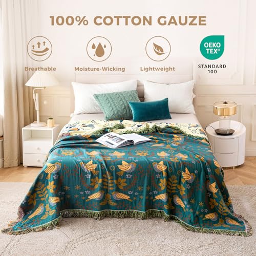 LUTBM Boho Throw Blanket for Bed 60"x80", 100% Cotton Cozy Couch Blankets | Reversible Floral Birds Jacquard Summer Quilt, All-Season, For Chair Sofa Living Room, Lightweight Breathable, Home Decor - color: Animal-bird-a, size: 60"×80"