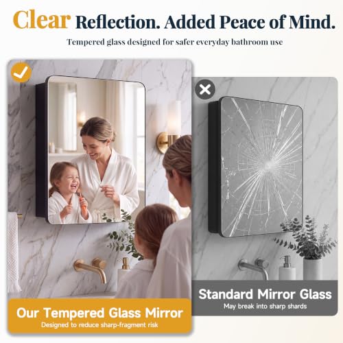 16x20 Medicine Cabinet with Mirror, Black Aluminum, Pre-Assembled | Bathroom mirror with storage, 3 adjustable acrylic shelves, Tempered Glass Mirror - size: 16" x 20"