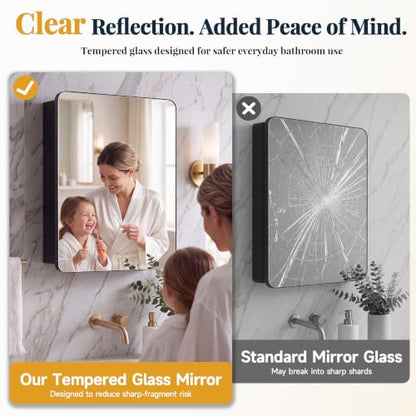 16x20 Medicine Cabinet with Mirror, Black Aluminum, Pre-Assembled | Bathroom mirror with storage, 3 adjustable acrylic shelves, Tempered Glass Mirror - size: 16" x 20"