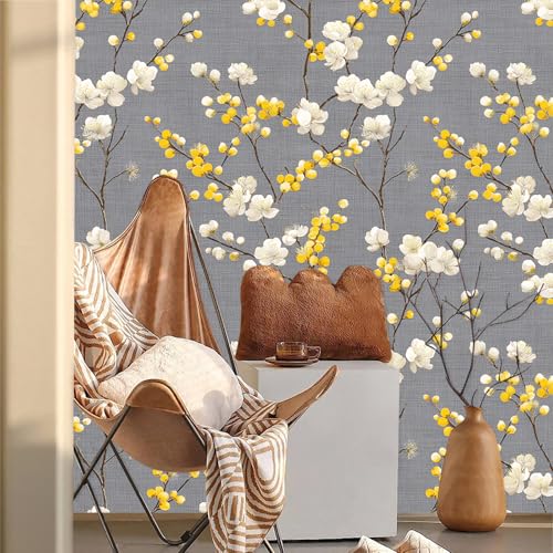 Elegant Chinoiserie White Plum Blossom Golden Bud Motif Peel and Stick Wallpaper Easy Peel Off Contact Paper Stick on Adhesive Wall Paper for Bathroom Waterproof Renter 17.71"x118.1" - color: LD-136a, size: 17.7" x 118"