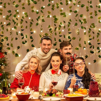 CEWOR 14 Pack 98ft Fake Ivy Vines, Artificial Ivy Garland with 100 LED String Lights, Hanging Plants Greenery Backdrop Green Leaves for Bedroom Room Wall Decor Wedding Party Table Decoration - size: 98ft+100led