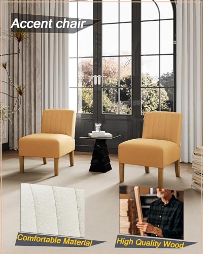 VIRRMO Armless Accent Chairs Set of 2 for Living Room, Modern Slipper Chair Living Room Chairs with Solid Wood Legs,Makeup Vanity Chair Fabric Comfy Upholstered Arm Chairs Accent Chairs,Yellow - color: Yellow