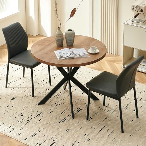 37" Round Dining Table Set for 2, Mid Century Modern Small Coffee Set for Dining Room Kitchen Apartment (Walnut Table + 2 PU Leather Dark Grey Chairs) - color: Dark Grey, size: 37" Brown Round Table+2 Chairs