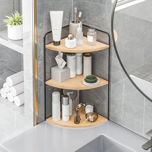 Bathroom Counter Organizer, Vanity & Makeup Countertop Organizer | Corner Bathroom Counter Organizer, Bathroom Sink Organizer, Bathroom Counter Shelf, Countertop Organizer, Corner Desk Shelf - color: Black-burlywood 3 Tier