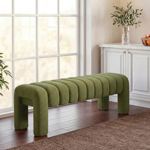 43.3" Dining Room Bench, Green Tufted Upholstered End of Bed Bench, Modern Entryway Ottoman Window Seat with Solid Wood Legs and Padded Seat for Bedroom, Hallway and Living Room (Boucle) - color: Green Boucle, size: 43.3"