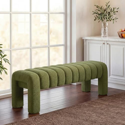 43.3" Dining Room Bench, Green Tufted Upholstered End of Bed Bench, Modern Entryway Ottoman Window Seat with Solid Wood Legs and Padded Seat for Bedroom, Hallway and Living Room (Boucle) - color: Green Boucle, size: 43.3"
