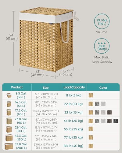 SONGMICS Laundry Hamper with Lid, 29 Gal (110 L) Synthetic Rattan,Foldable | Clothes Laundry Basket with Handles, Removable Liner, Goose Yellow, ELIOTT Collection ULCB152Y01 - color: Goose Yellow, size: 110 L