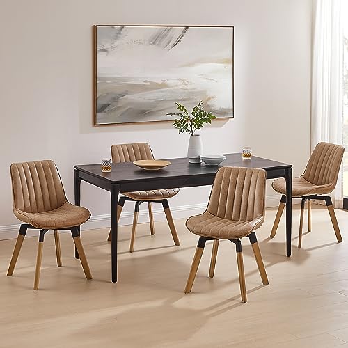 Mid Century Upholstered Swivel PU Dining Chairs Set of 4 Brown | 360° swivel curved foam-padded seat armless design dining room chairs accent chairs solid wood legs floor protection pads - color: Brown, size: Set of 4-PU