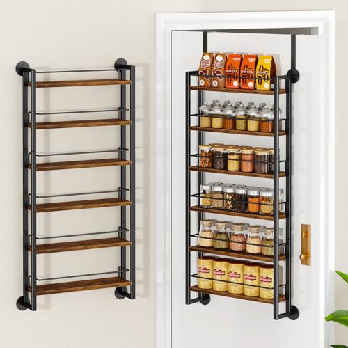 IBUYKE Over the Door Spice Organizer,Door or Wall Mount,Brown TLJ028H | 6 Tier Wall Mounted Spice Rack Adjustable Hanging Storage Shelves Spice Organization for Kitchen cabinet Bathroom Closet - color: Rustic Brown, size: 6 Tier