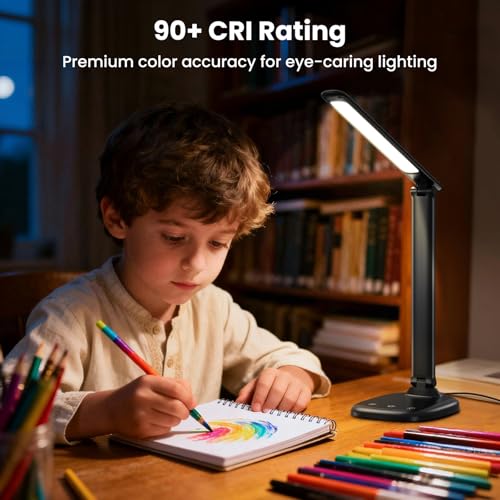 Desk Lamp with Charger, 10%-100% Stepless Dimmable & 5 Color Modes Study Lamp, Touch Control, 30-/60-minute Timer, USB Charging Output Port, CRI≥90, Eye-Caring Foldable LED Desk Lamps for Home Office - color: Black-US