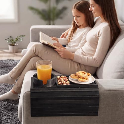 Bamboo Sofa Armrest Tray, Foldable Couch Arm Tray Side Table, 2 in 1 Anti-Falling Armrest Tables Cup Holder for Snacks, Drinks, Beers, Phone, Control, Flexible and Portable, Anti-Slip, (Black) - color: Black