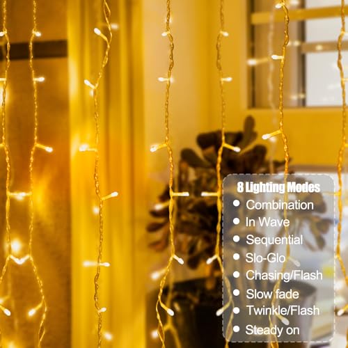 300 LED Curtain Lights Plug-in Fairy Curtain Lights with 8 Modes, Connectable Indoor/Outdoor for Christmas Decorations, Weddings, Walls, Windows, Parties，Warm White