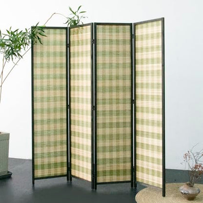 4 Panel Bamboo Room Divider, Green Stripe Folding Privacy Screen | 5.6 ft Folding Screen Divider, Divider for Room Separation, Freestanding Room Partition Screen, Double-Sided Panel Screen - color: Green Stripe, size: 4 Panel