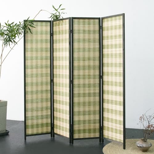 4 Panel Bamboo Room Divider, Green Stripe Folding Privacy Screen | 5.6 ft Folding Screen Divider, Divider for Room Separation, Freestanding Room Partition Screen, Double-Sided Panel Screen - color: Green Stripe, size: 4 Panel
