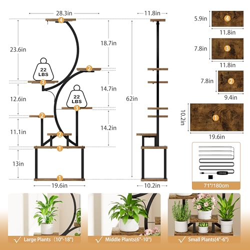 BACEKOLL Plant Stand Indoor with Grow Light, 8 Tier Corner Plant Shelf Tall | 62" Lighted Flower Holder for Plant Multiple, Space-Saving Beautiful Display Growing Rack for Home Patio, Sturdy Metal, Brown