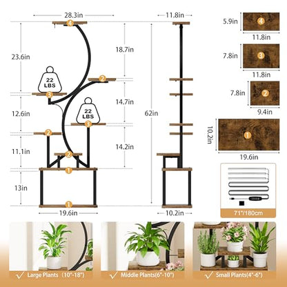 BACEKOLL Plant Stand Indoor with Grow Light, 8 Tier Corner Plant Shelf Tall | 62" Lighted Flower Holder for Plant Multiple, Space-Saving Beautiful Display Growing Rack for Home Patio, Sturdy Metal, Brown