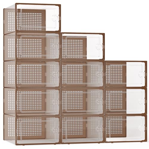 Kuject X-Large Shoe Storage Boxes 12 Pack, Clear Stackable Shoe Organizer | Shoe Case for Closet, Entryway & Under-Bed Storage, Drop-Front Design, Space-Saving Solution for Family Organization,Brown - color: Brown, size: X-Large