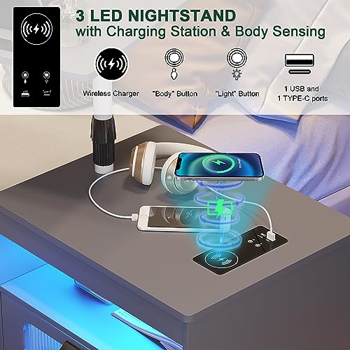 HNEBC Nightstand with Wireless Charging Station, LED Nightstand Has Adjustable Rotary Workstation, Smart Night Stand with 2 Drawers,Modern Bedside Table for Bedroom, Sensor Light/Wheel (Grey) - color: 9603-1-grey