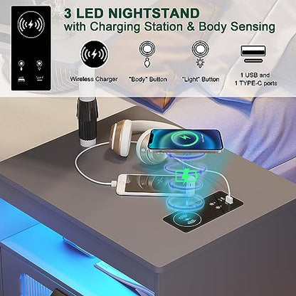 HNEBC LED Nightstand Set of 2 with Charging Station & Adjustable Overbed Desk, 3 Color LED Lights & Body Sensor, Mobile Bedside Table with Wheels, 2 Drawers & Open Shelf for Bedroom(Grey) - color: 9603-2-grey