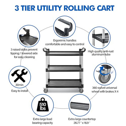 Utility Rolling Carts with Wheels, Large Size Plastic Service Carts, Heavy Duty Restaurant Cart with 4 Lockable Brake Wheels for Kitchen/Office/Warehouse (3 Tier - 34×17×37inches / 510lbs) - size: 3 Tier - 34×17×37inches / 510lbs