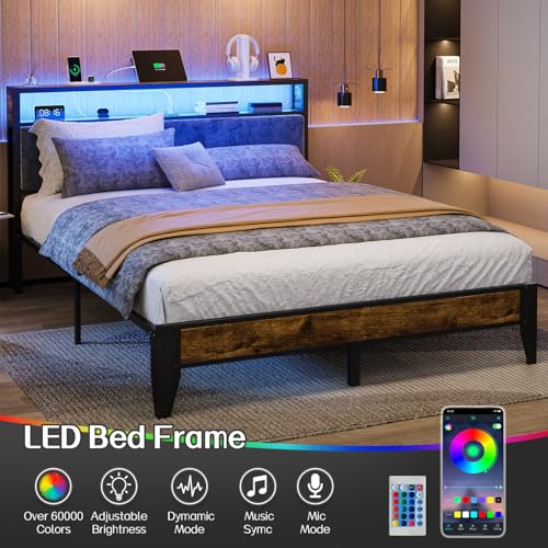 OLEVS Queen Size Bed Frame with Charging Station & LED Light, 2-Tier Storage Headboard & Footboard, Noise-Free Metal Platform Bed No Box Spring Needed, Easy Assembly - size: Queen