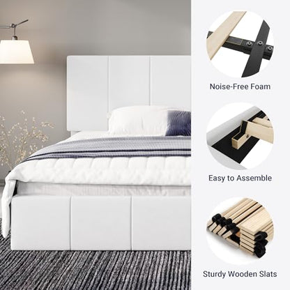 Allewie King Size Dutch Velvet Upholstered Platform Bed Frame/Vertical Channel Tufted Adjustable Headboard/Low Profile Bed Frame/No Box Spring Needed/Easy Assembly/White - color: White, size: King