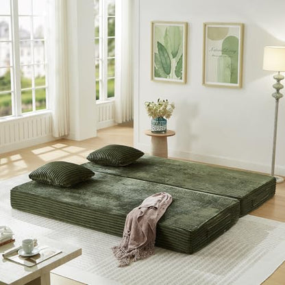 Antetek Modular Couch Bed, Convertible Folding Plush Corduroy Comfy Floor Compression Loveseat Sleeper Sofa Couch, King Size Bed for Guest Room Living Room Bedroom, No Assembly Required, Green