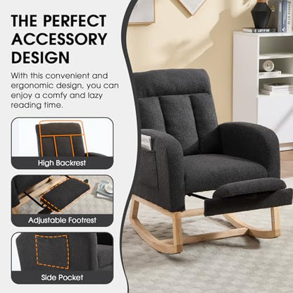 Rocking Chair Nursing, Rocker Chair with Footrest (Dark Grey) | Teddy Boucle Upholstered Accent Reading Chair with High Back & Side Pocket for Living Room Bedroom Nursery Office - color: Dark Grey