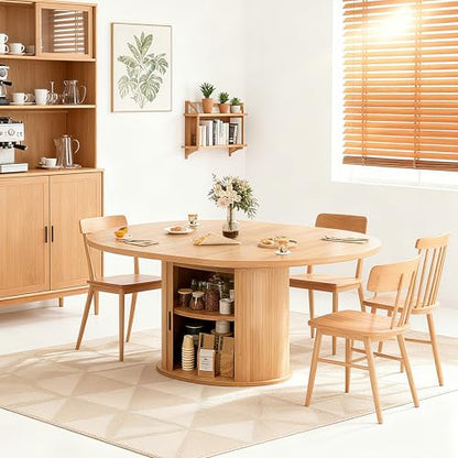 Wildhome Extendable Round Dining Table for 2-4-6, 63 Inch Dining Room Kitchen Table with 2-Tier Storage Shelf, Modern Farmhouse Fluted Wood Slide Door Dinner Furniture,Oval Circle (Oak-63 Inch) - color: Oak-63 Inch