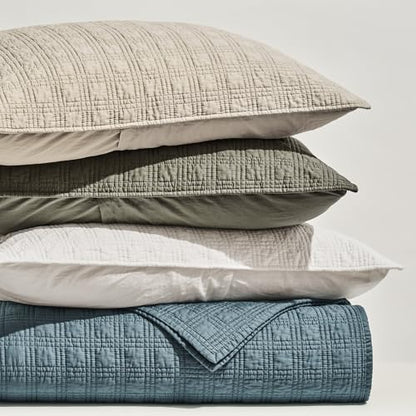 EVERGRACEHOME Cotton Sateen Windowpane Quilt Set King Size, Stone Sage | 100% Cotton, Pre-Washed Soft Coverlet Bedspread, 3-Piece Lightweight Bedding Set for All Season, with 2 Pillow Shams - color: Stone Sage (Grayish Green) - Windowpane, size: King (110