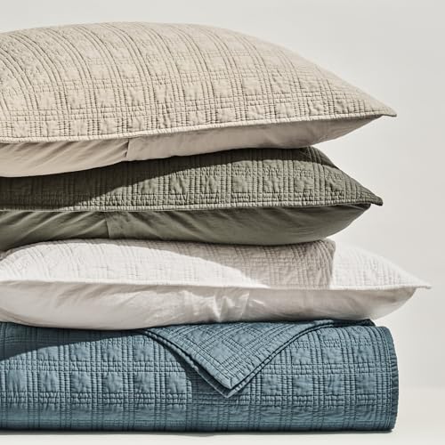 EVERGRACEHOME Cotton Sateen Windowpane Quilt Set Queen Size, Stone Sage | 100% Cotton, Pre-Washed Soft Coverlet Bedspread, 3-Piece Lightweight Bedding Set for All Season, with 2 Pillow Shams - color: Stone Sage (Grayish Green) - Windowpane, size: Full/Que