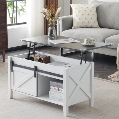 VINGLI Farmhouse Lift Top Coffee Table,36" Living Room Table,White Charcoal