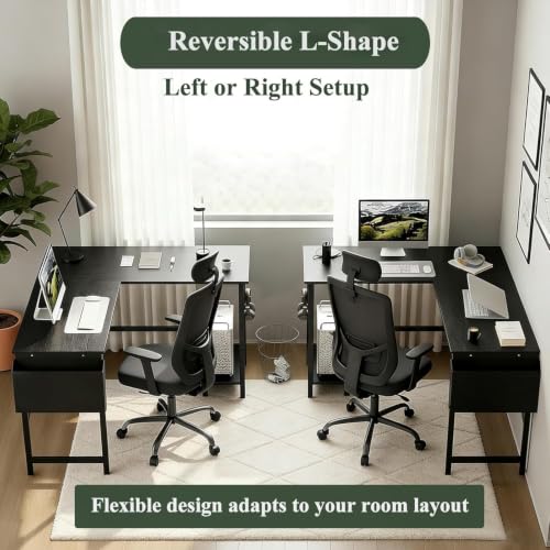 L Shaped Desk, 50 Inch Reversible Computer Desk with CPU Stand - color: Deep Black