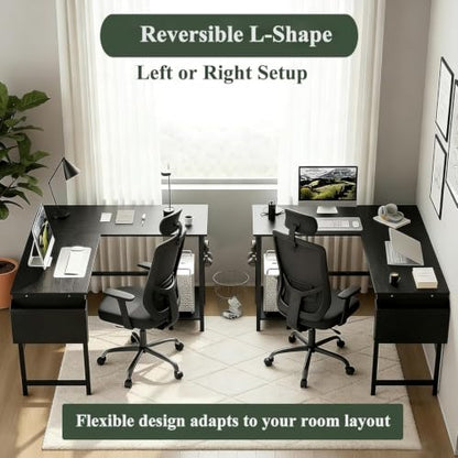 L Shaped Desk, 50 Inch Reversible Computer Desk with CPU Stand - color: Deep Black