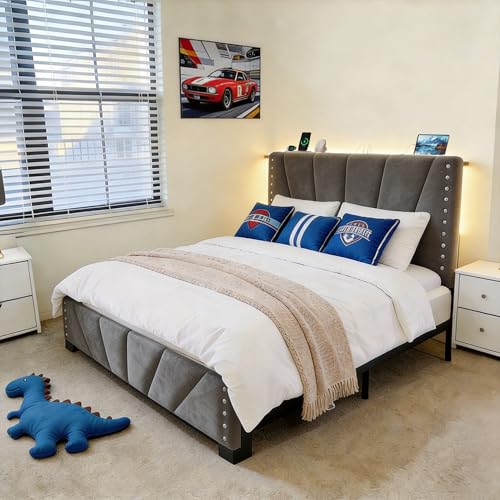 EnHomee Twin Bed Frame with LED Lights & USB, Noise-Free, Grey | Adjustable Velvet Headboard，Under-Bed Storage，Heavy Duty Support with 12 Slats，No Box Spring Needed，Easy Assembly for Bedroom - color: Grey, size: Twin
