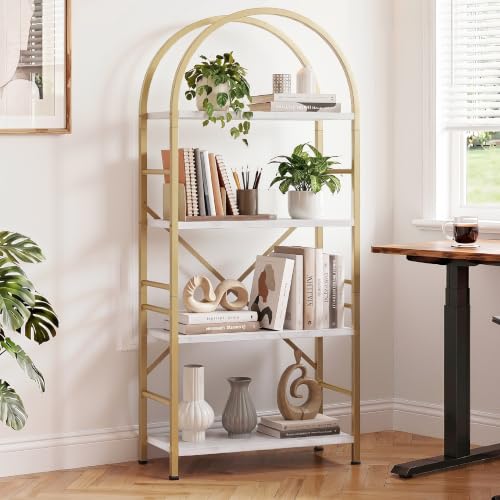 Vongrasig Industrial Arched Bookshelf, 4 Tier Open Bookcase | Sturdy Wood and Metal Display Standing Shelf for Home Office, Living Room, Bedroom, White Gold - color: White Gold