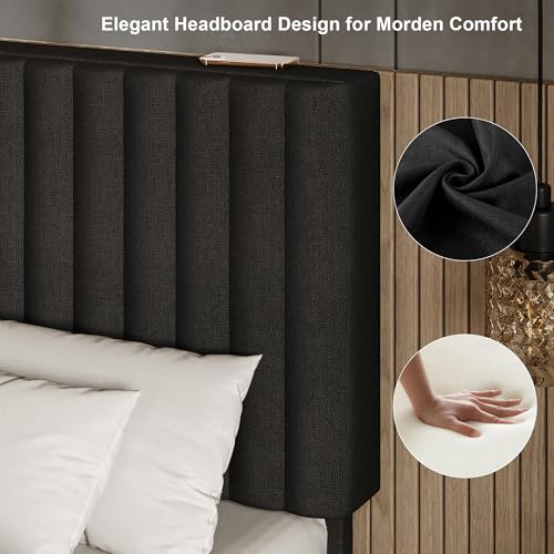 Einhomn Queen Size Bed Frame with Headboard, Upholstered Linen Platform Bedframe with Solid Wooden Slats, Noise-Free, No Box Spring Needed, Easy Assembly, Black - color: Black, size: Queen