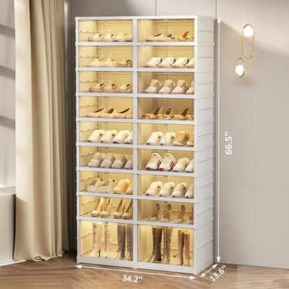 SYNCVIBE Collapsible Shoe Rack Organizer, 9 Tiers, 36 Pairs, 34.2" Wide | Foldable Shoe Storage with Doors, Plastic Shoe Cabinet with Wheels, Easy Assembly Shoe Shelves for Entryway and Living Room - size: 9 Tiers -36 Pairs White