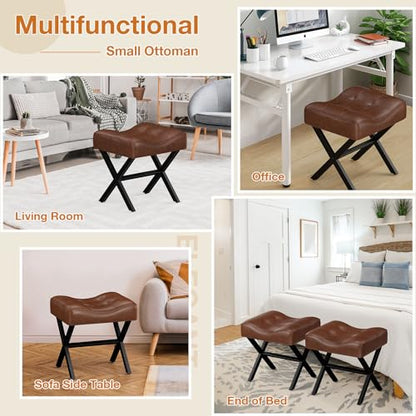 18-Inch Large Leather Vanity Stool Chair, Dark Brown Makeup Stool | Vanity Bench, Metal X-Leg, 350 LBS, 20"x16.9"x18", Ottoman Accent Stool, Thick Padded Saddle Seat, For Living Room Bedroom - size: Large, style: Dark Brown Leather