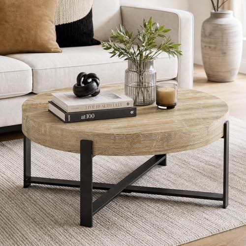 Round Coffee Table, Small Wood Coffee Table with Metal Frame, Modern Rustic Distressed Wood Grain Circle Tables Accent Center Tables for Living Room Apartment Small Space (31.5''D-Retro Natural) - color: X Retro Natural