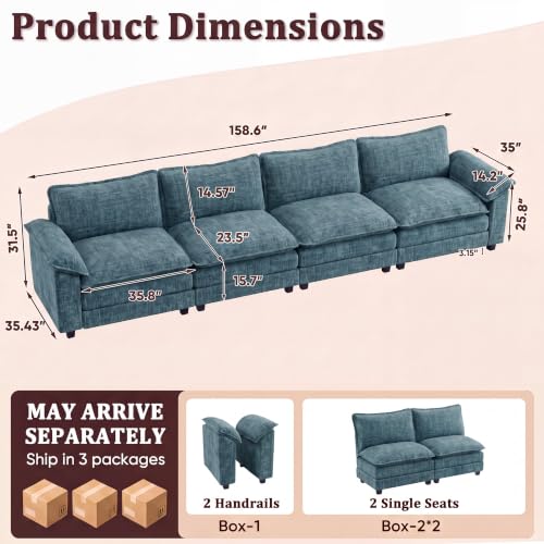 JUMMICO 159" Sectional Couch, Modular Cloud Sofa, Dark Blue | Comfy Chenille, 4 Deep Seats, High-Density Foam, Double Layer Cushions, Oversized Linear Sofa for Living Room and Apartment - color: Dark Blue, size: Linear Sofa