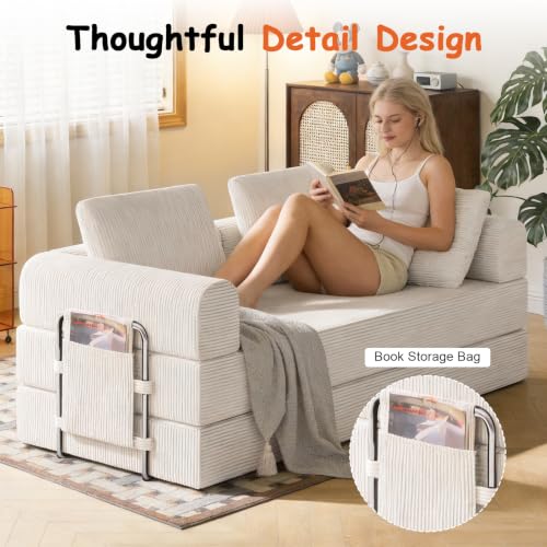 78" Convertible Sofa Bed, Corduroy Pull Out Couch with Fixed Frame & Pocket | 5-in-1 Boneless Sleeper Sofa, Couch Bed with 2 Pillows, Living Room, Small Spaces, Bedroom, No Assembly - color: 78''beige