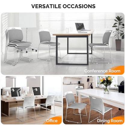 VINGLI Stackable Plastic Mesh Padded Chairs for Office Set of 4, Grey | Stacking Chairs with Metal Sled Base, Ergonomic Plastic Pad Seat & Back, Waiting Banquet Guest Break Room, Easy to install - color: Grey, size: 4 Pack