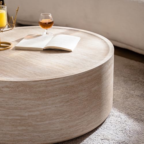 31.5'' Modern Round Drum Coffee Table for Living Room Office, Light Marble Texture, MDF Construction, Living Room Accent Side Table Center Table, No Need Assembly - color: Natural, size: 32in